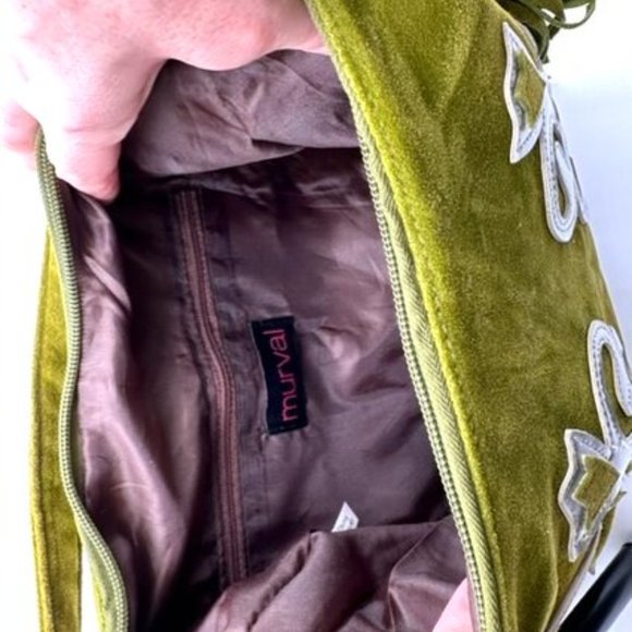 Murval Green Suede Handbag with Fringe and White Accents - Picture 3 of 6
